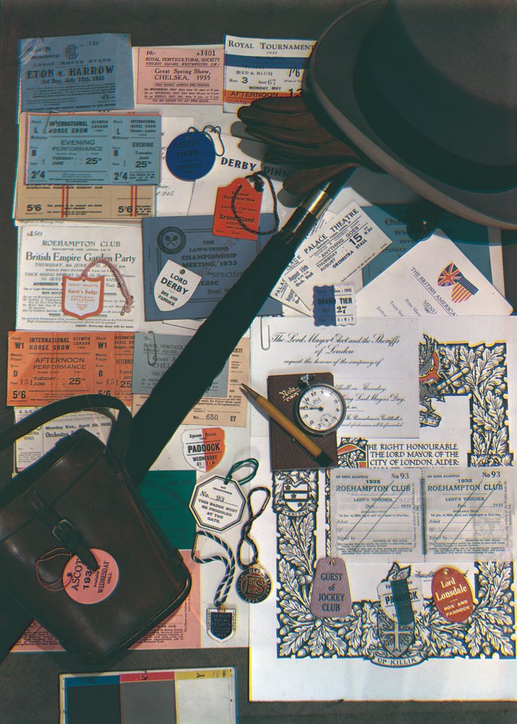 Detail of Arrangement of hat, umbrella, binoculars case and various tickets by Curtis Moffat
