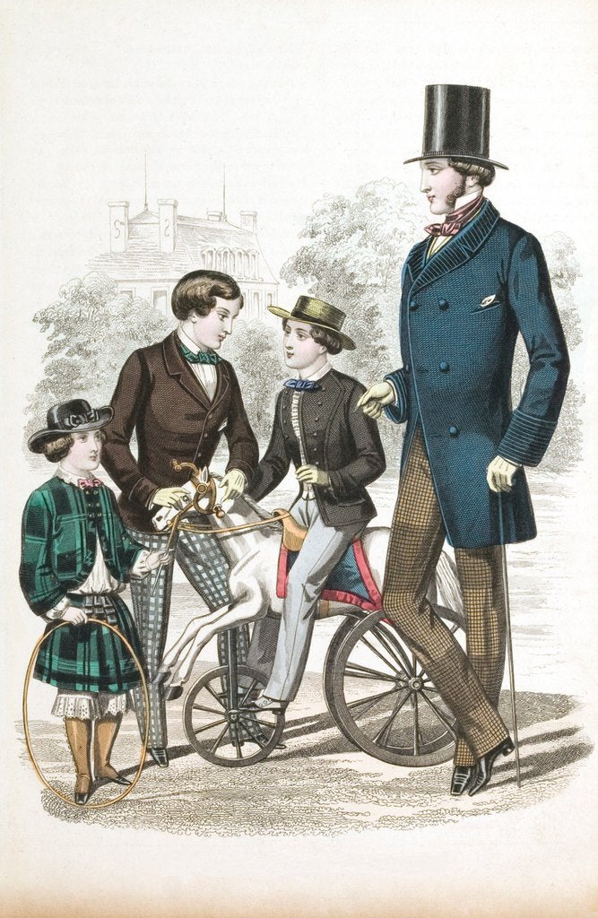 Detail of Suits for three boys and a man from the Gazette of Fashion by Unknown