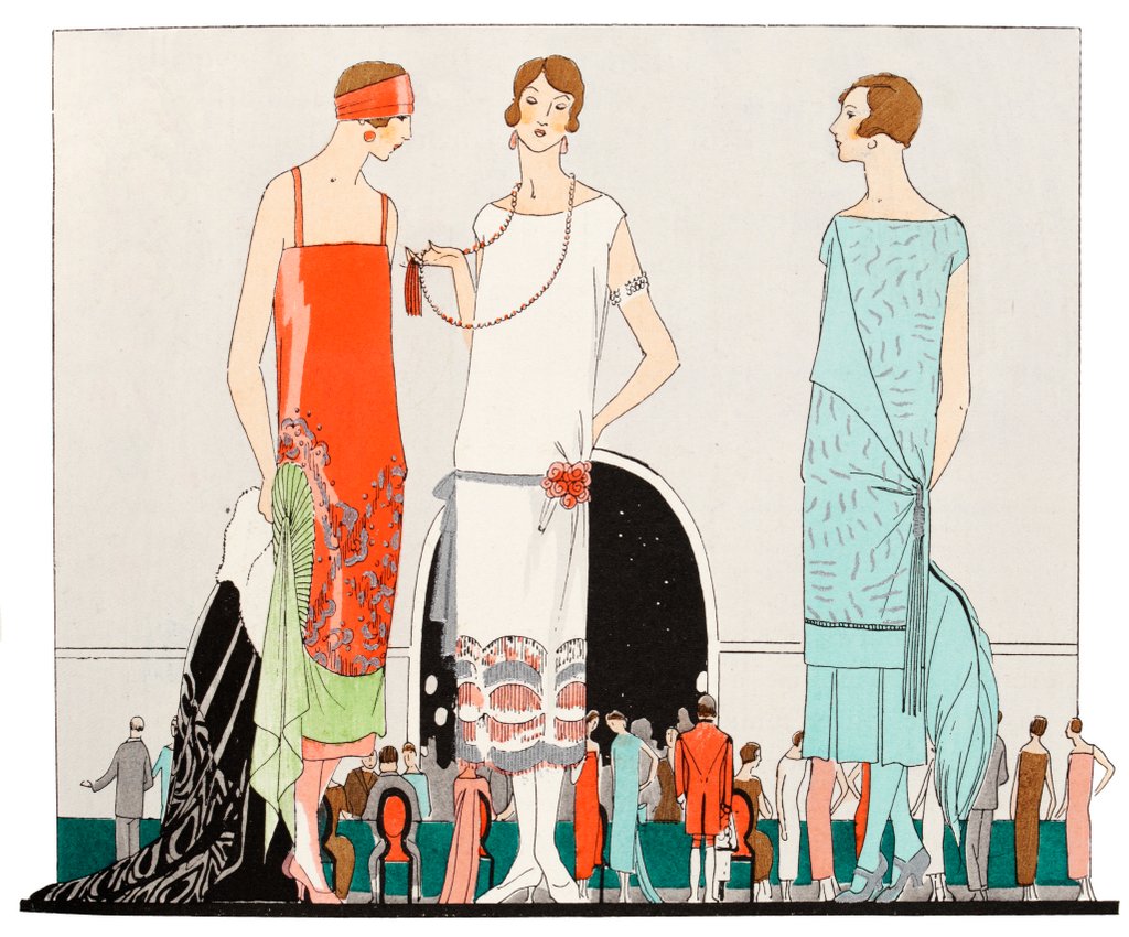 Detail of Fashion plate depicting evening dresses by Anonymous