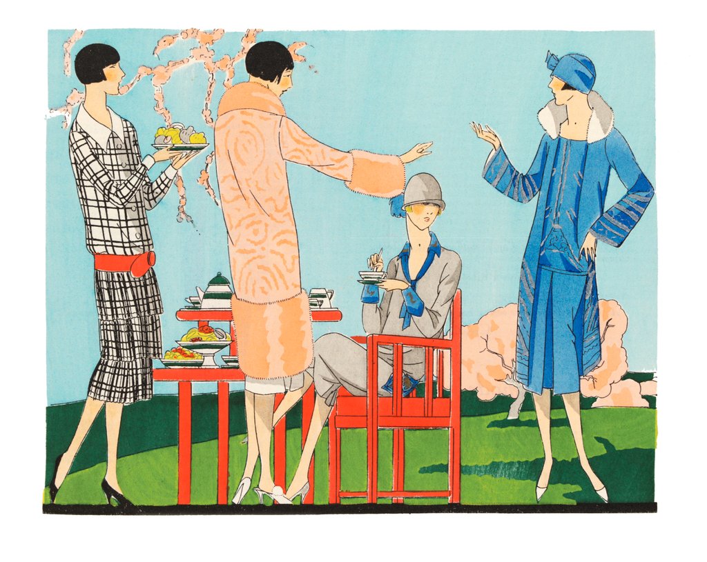 Detail of Fashion plate depicting an afternoon tea garden party by Anonymous