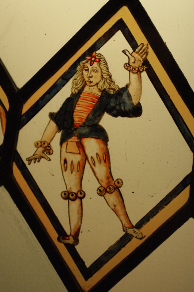 Detail of The Betley Window stained glass panel, detail of a dancer by Stuart Cox