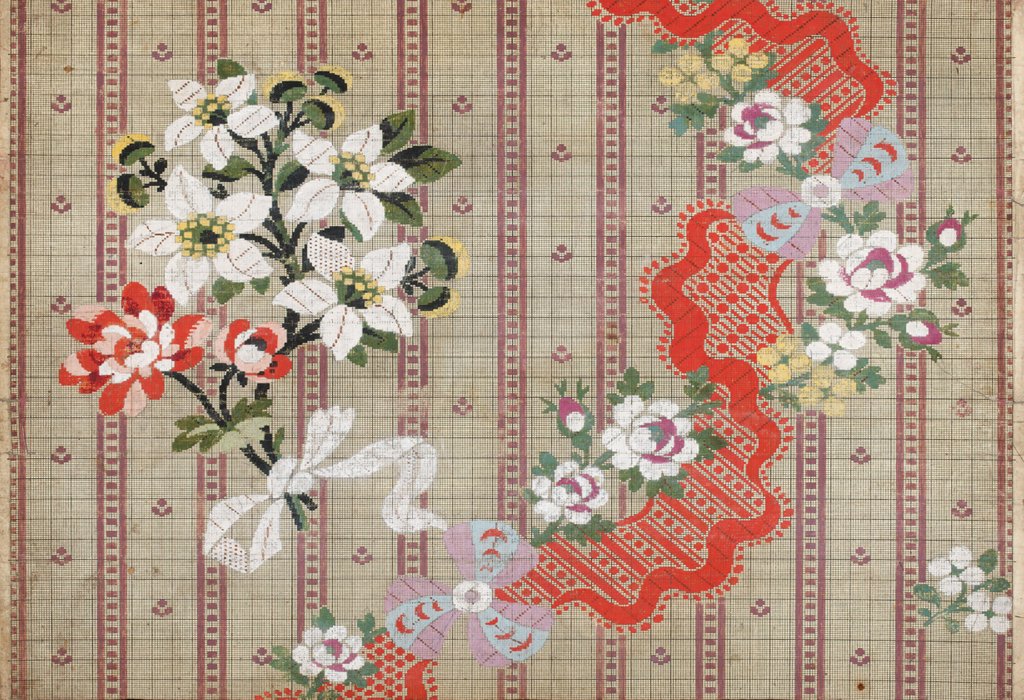 Detail of Draft for a woven silk with bows and flowers meander on stripes by Anonymous