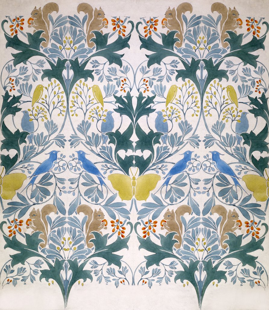 Detail of Wallpaper design with stylised flowers and wild animals decoration by Charles Francis Annesley Voysey