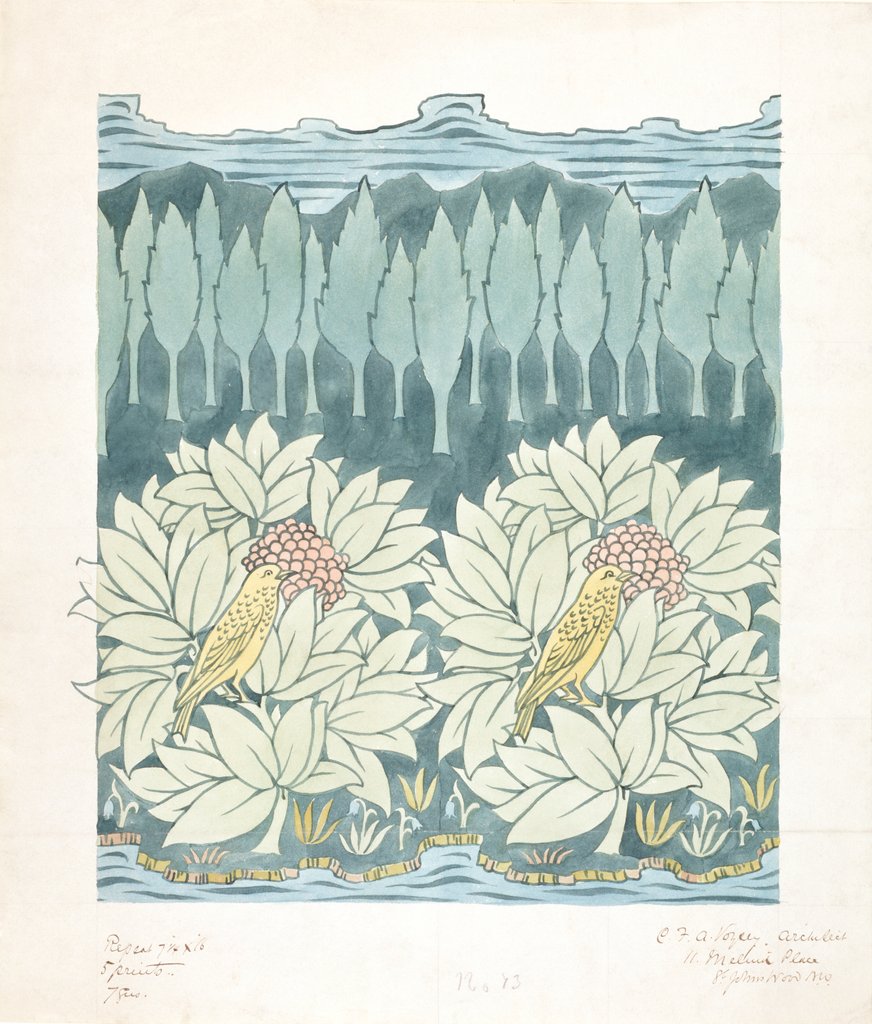 Detail of Birds in Bushes and Landscape textile design by Charles Francis Annesley Voysey