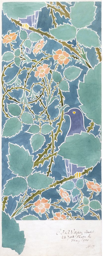Detail of Blue bird and scrolling foliage and flowers by C.F.A. Voysey