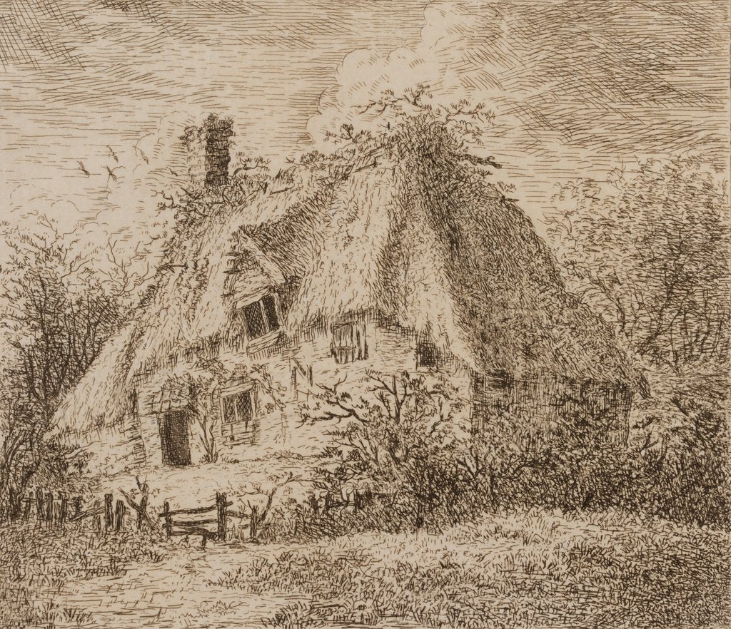 Detail of An old thatched cottage with hedge and paling in front by John Constable