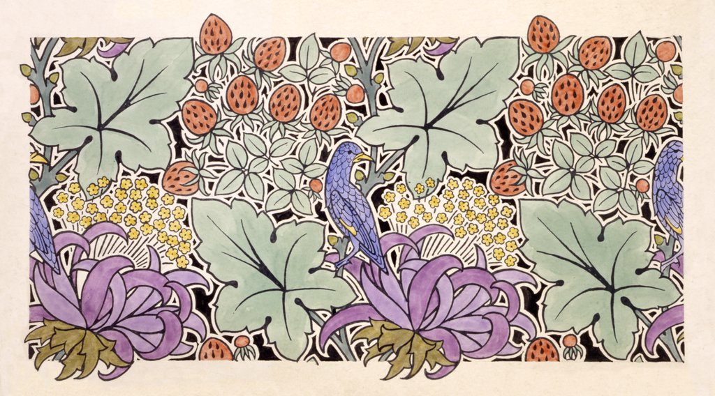 Detail of Wallpaper design with bird, flowers and strawberries by Charles Francis Annesley Voysey