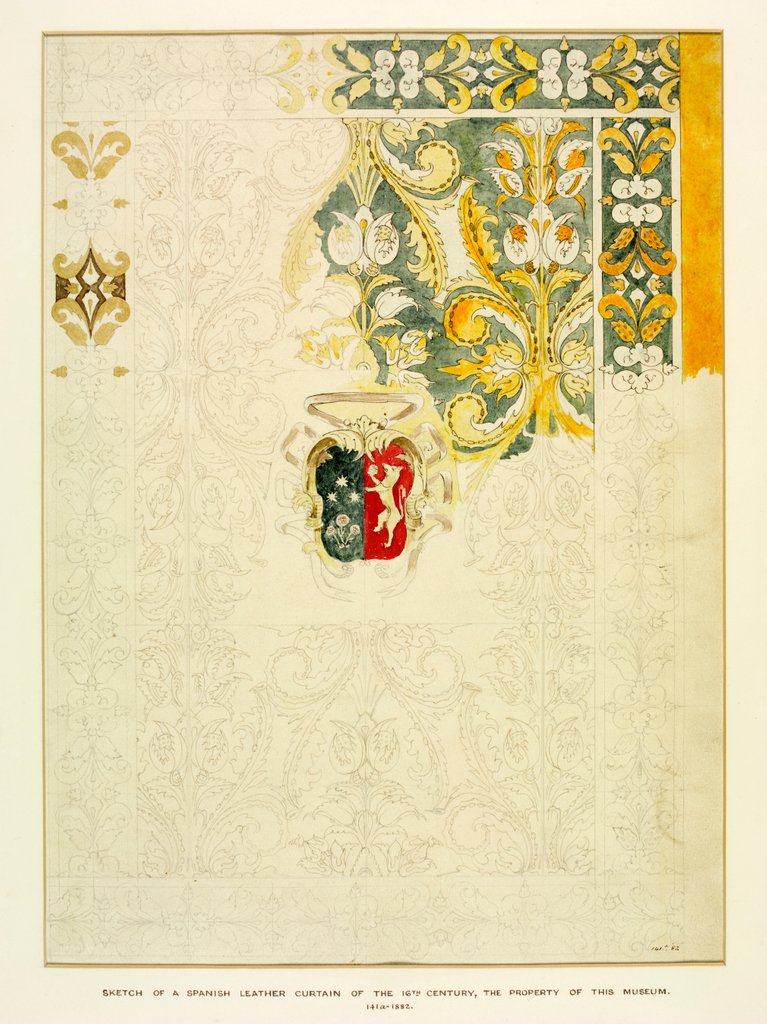 Detail of Sketch of a partially coloured-in Spanish leather curtain of the 16th century by William Burges