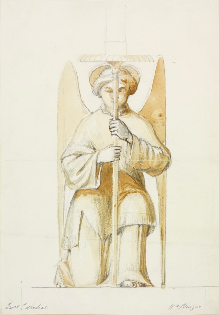 Detail of Truro Cathedral, detail of kneeling angel holding candlestick by William Burges