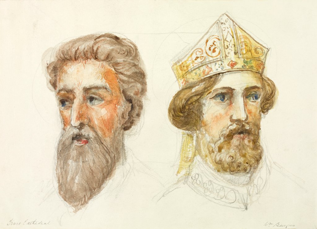 Detail of Truro Cathedral, detail of two men's heads, one wearing a gold crown by William Burges