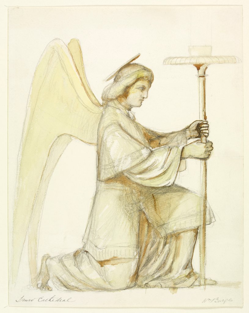 Detail of Truro Cathedral, detail of kneeling angel holding candlestick by William Burges