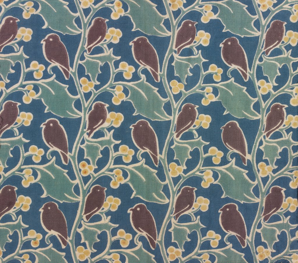 Detail of Brown birds perched on holly furnishing fabric by C.F.A.Voysey