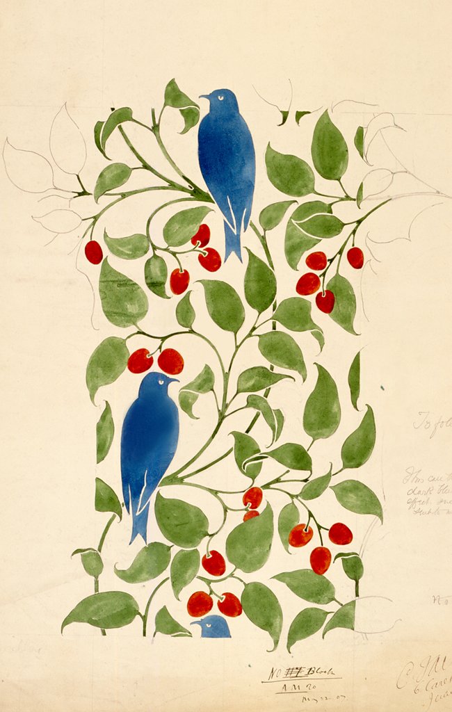 Detail of Blue Birds on Berry Bushes, design for textile by C.F.A.Voysey