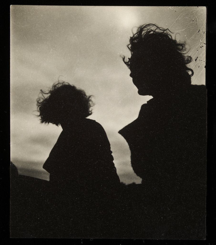Detail of Silhouette of two women hair blown by wind sitting in wooden boat by Curtis Moffat