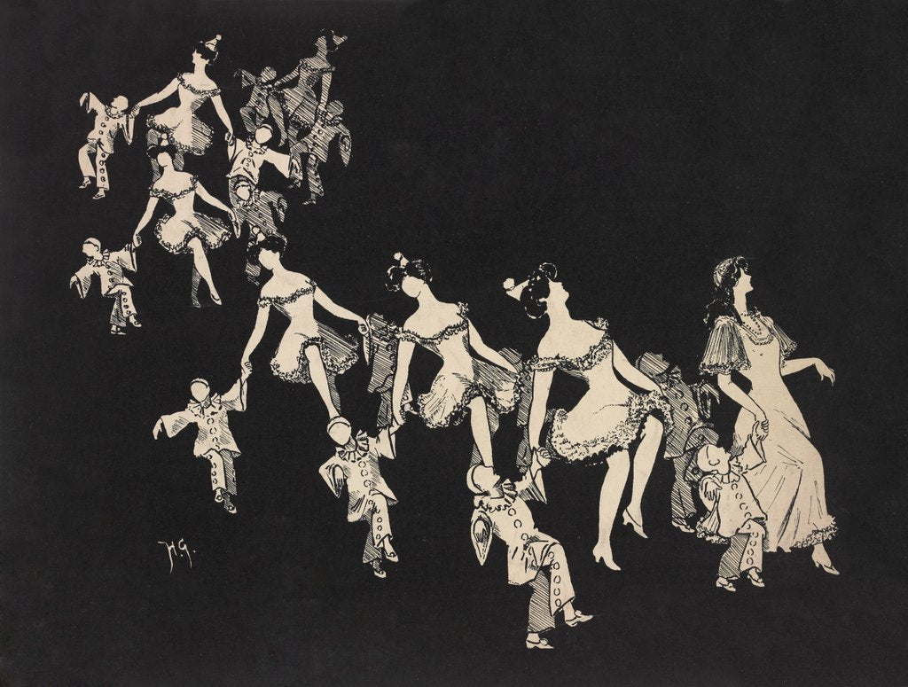 Detail of Silhouettes of children dressed as clowns hand in hand with female figures by Anonymous