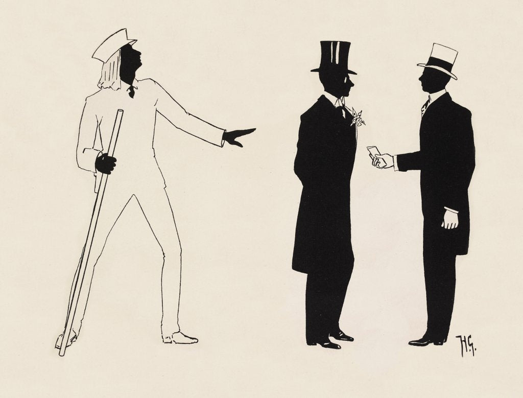 Detail of Silhouettes of three male figures talking by Anonymous