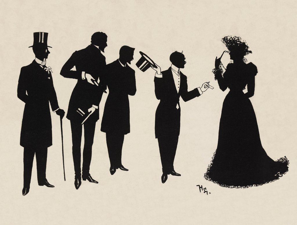 Detail of Silhouettes of four gentlemen and a woman in evening  dress by Anonymous