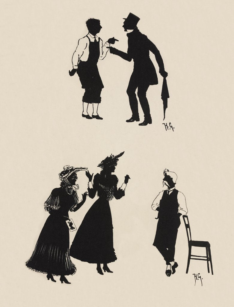 Detail of Silhouettes of two male figures debating and two female figures with a gentleman by Anonymous