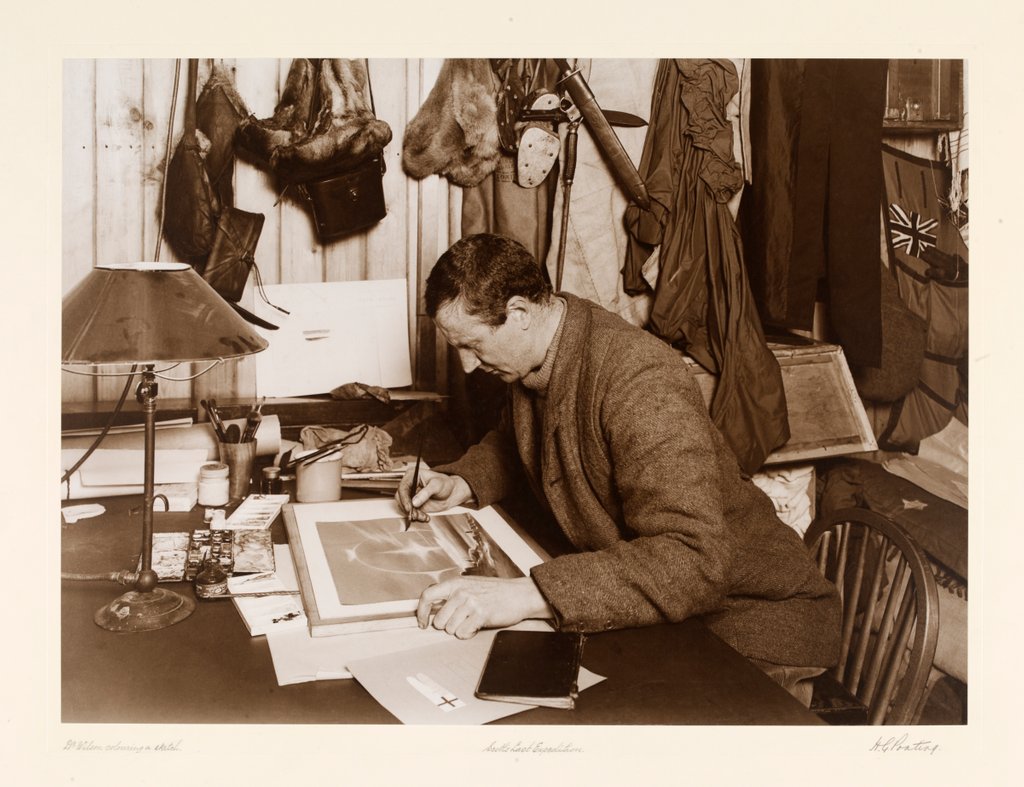 Detail of Dr. Edward Adrian Wilson colouring a sketch by Herbert George Ponting