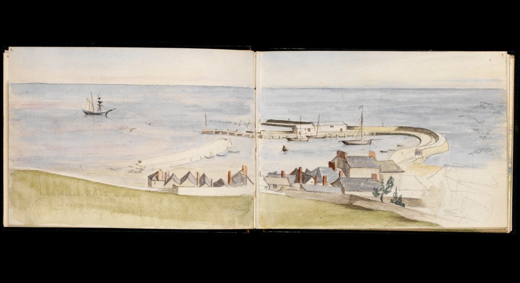 Detail of Coastal village, promenade and pier by May Morris