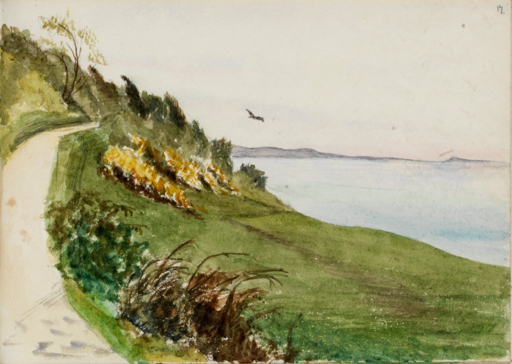 Detail of Coastal path with lone bird in flight by May Morris