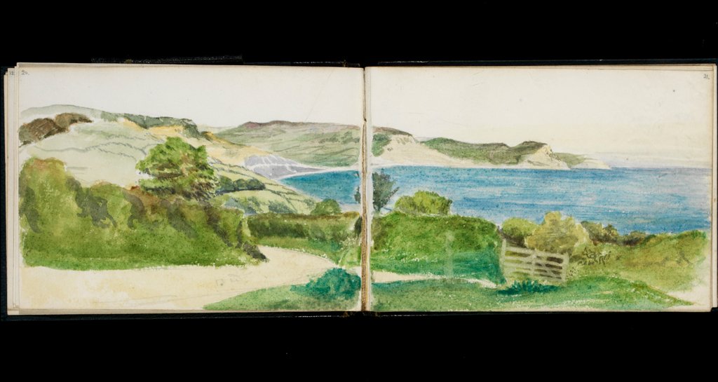 Detail of Coastal paths with views of the sea, hills and cliffs in distance by May Morris