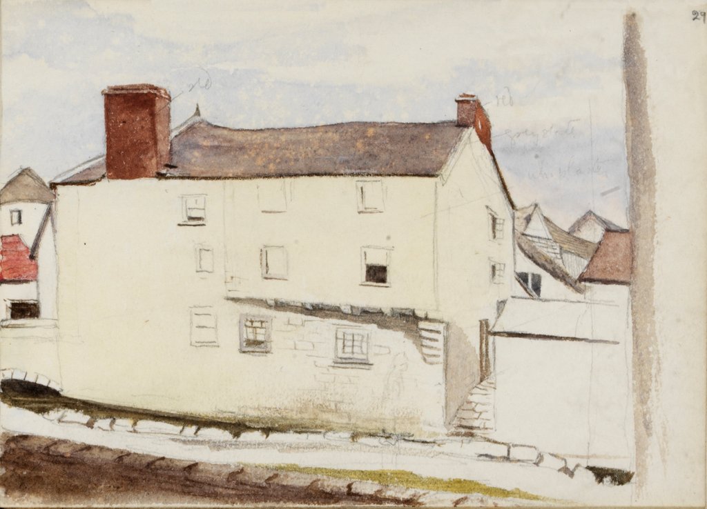 Detail of White house with red slate roof by May Morris