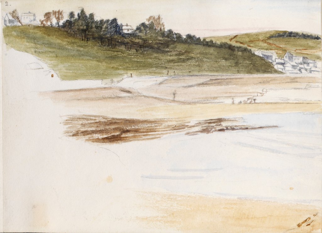 Detail of Beach with small coastal village in the background by May Morris