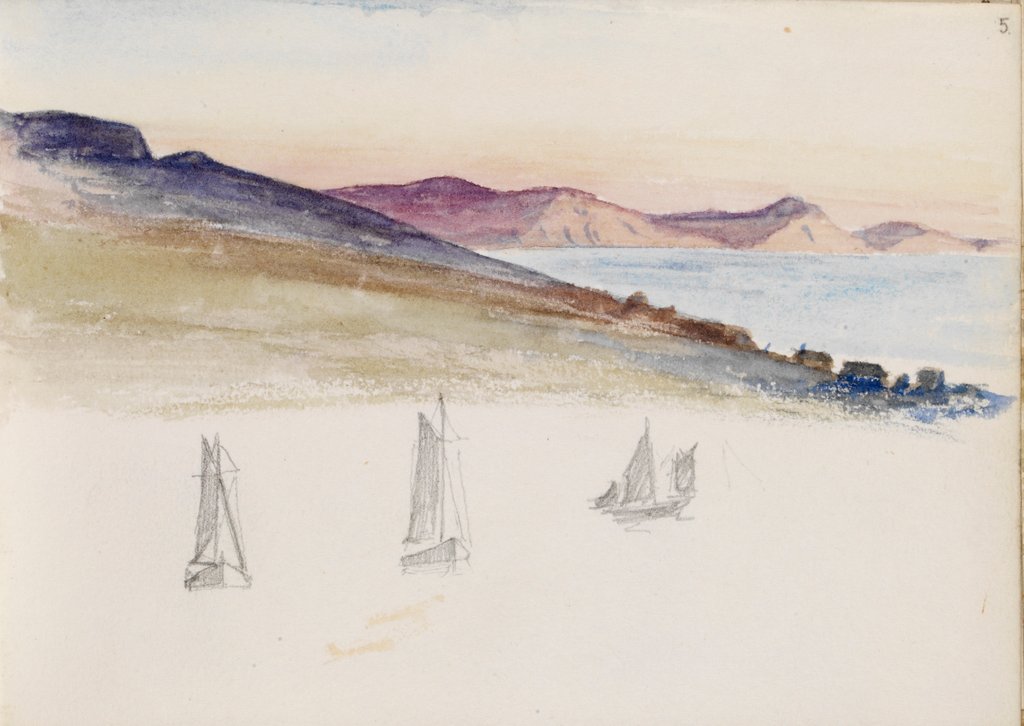 Detail of Sailboats with hills and coastal cliffs in the background by May Morris