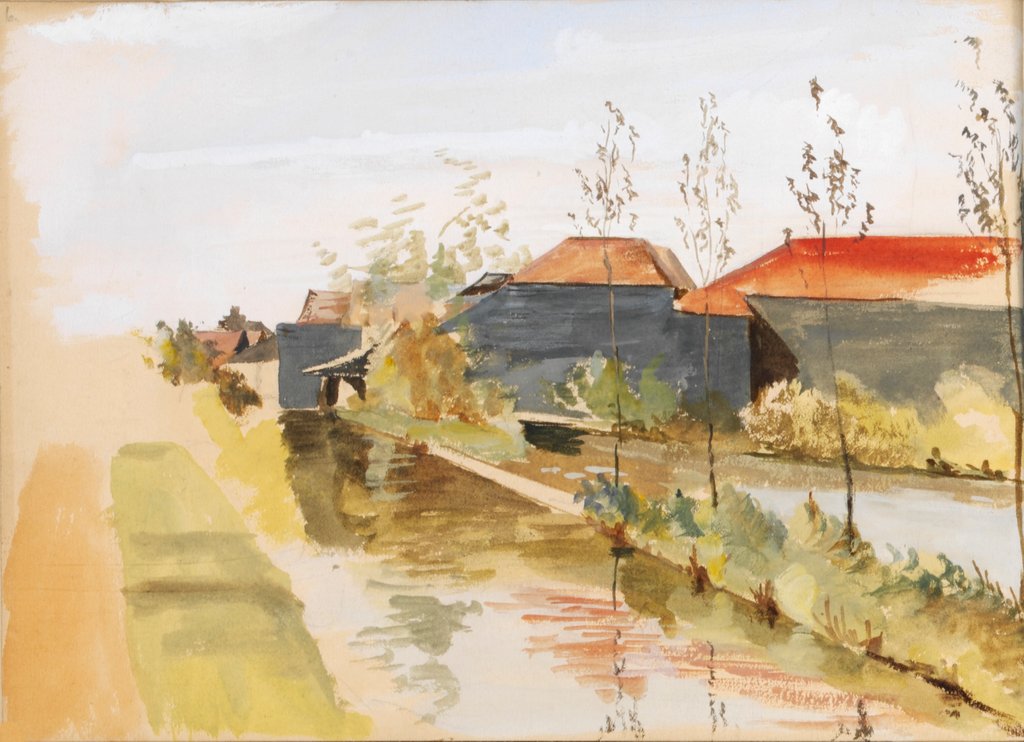Detail of Canal with farm buildings in the background by May Morris