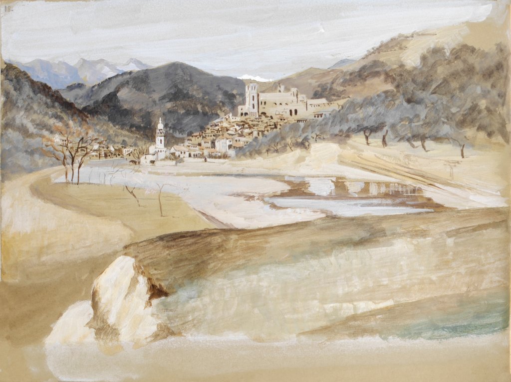 Detail of View of a village with a tower and a church in a valley possibly in Italy by May Morris