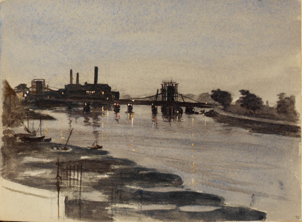 Detail of A factory by a river and a bridge at night by May Morris