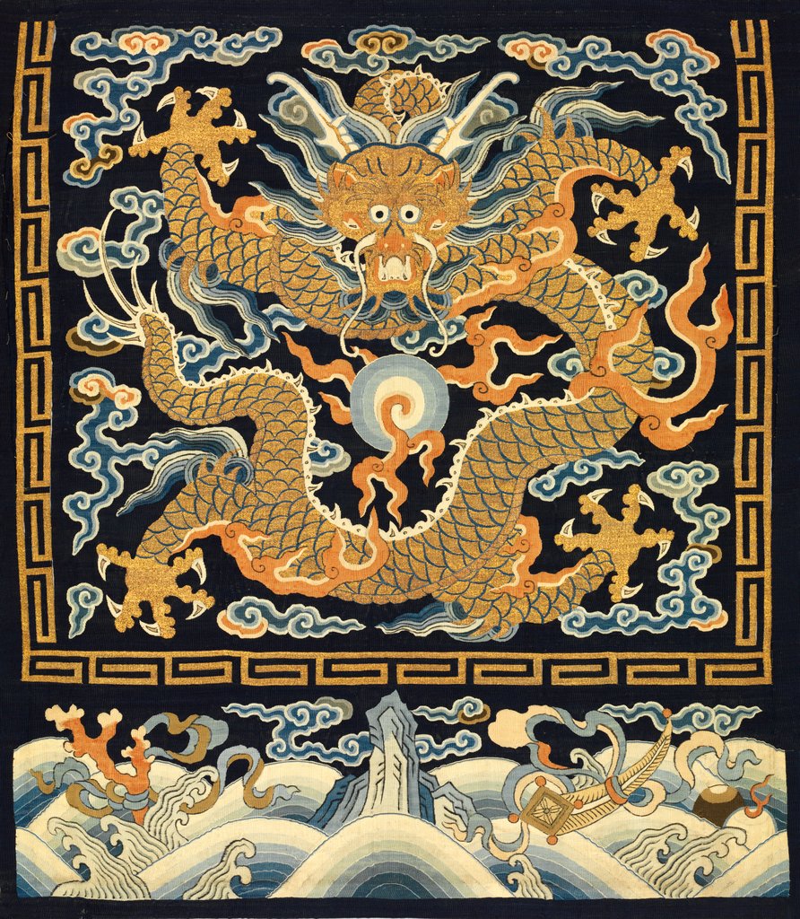 Detail of Tapestry with a five-clawed dragon pursuing a pearl amid clouds by Unknown