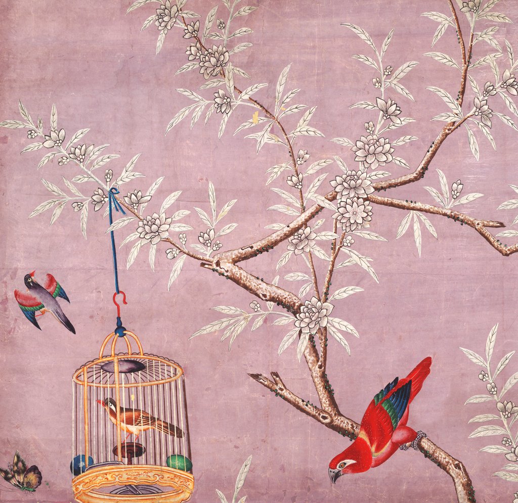 Detail of Fragment of Chinese wallpaper showing a bird perching on a branch, one in a cage and another in flight by unknown