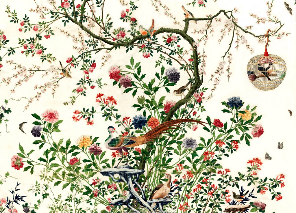 Detail of Coverlet of a solitary tree with a caged bird on a branch and a pair of pheasants by Unknown