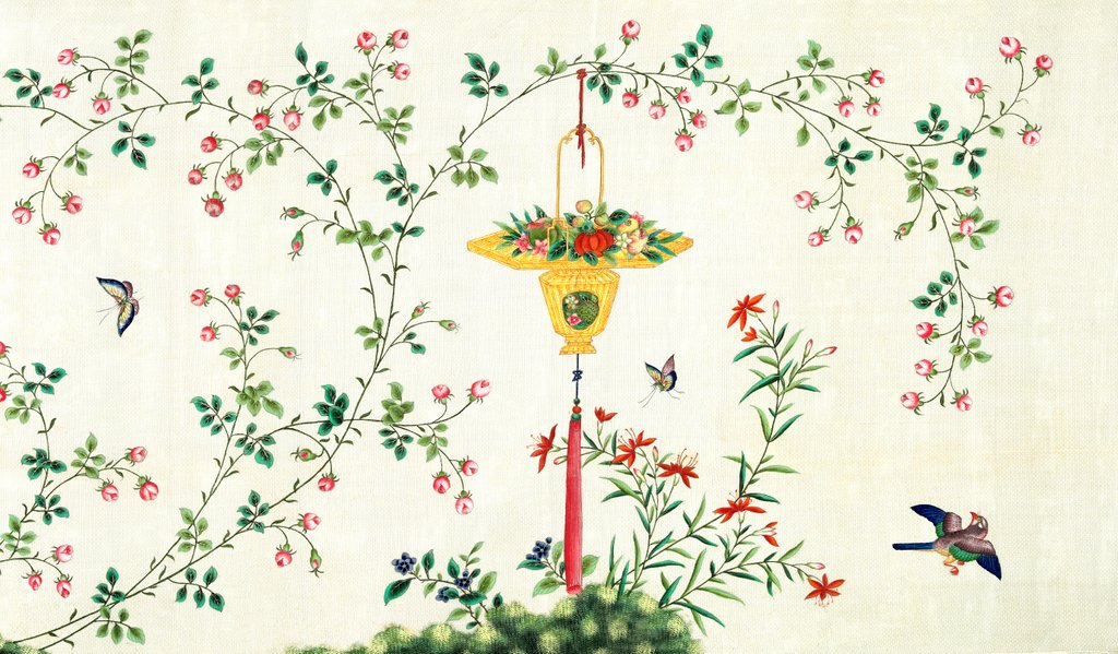 Detail of Bird and butterflies in flight around yellow hanging rattan basket of fruits by Unknown