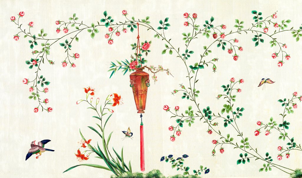 Detail of Bird and butterflies in flight around red hanging vase of flowers by Unknown