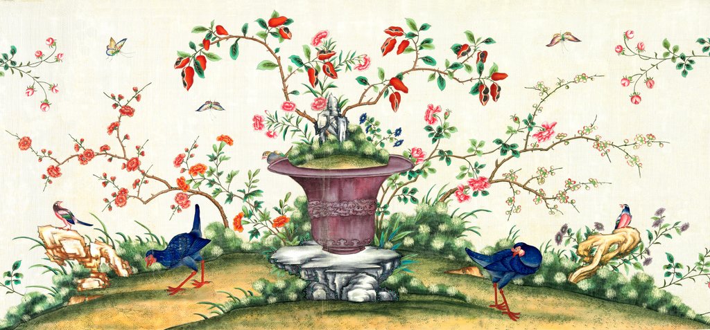 Detail of Pair of blue birds pecking around a vase in the centre with birds perching on rock by Unknown