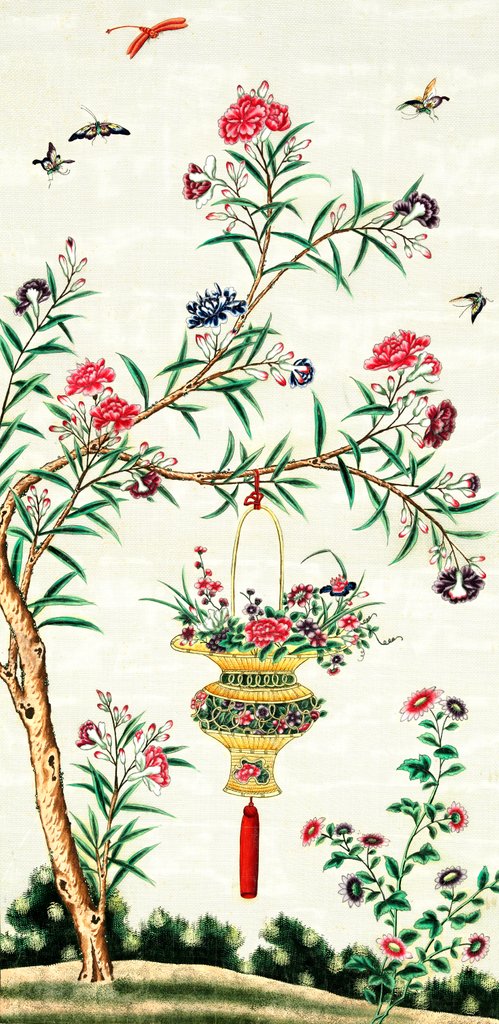 Detail of Dragonfly and butterflies in flight around hanging basket of flowers by Unknown