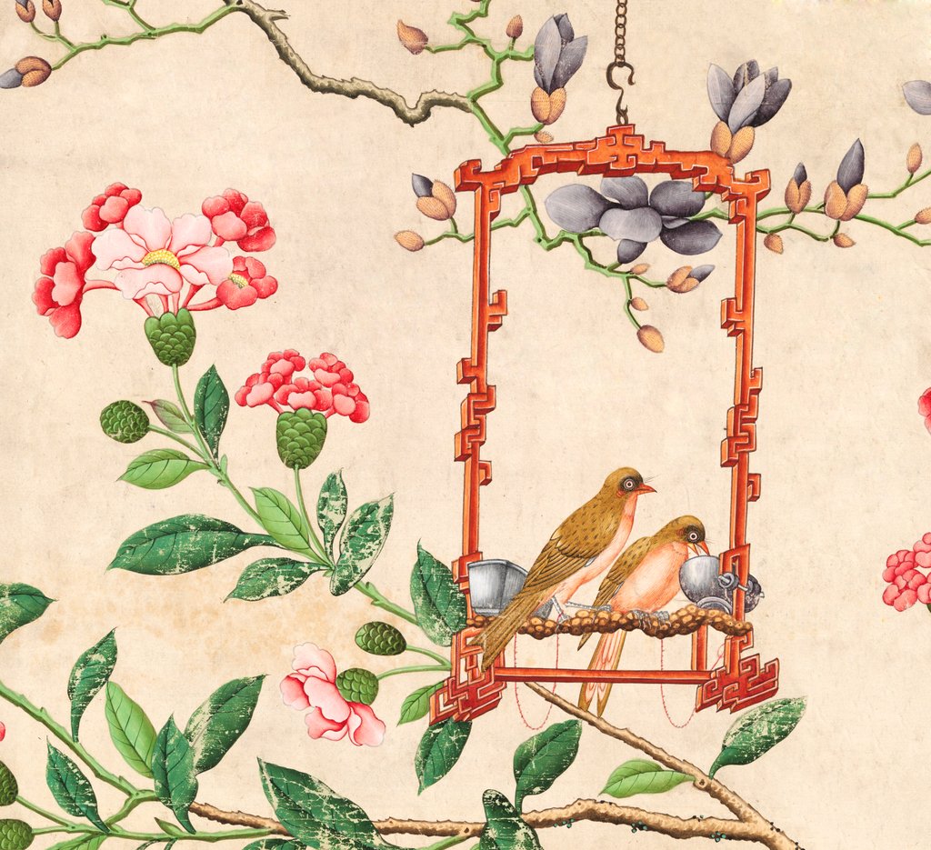 Detail of Wallpaper with pair of birds on red bird perch by unknown