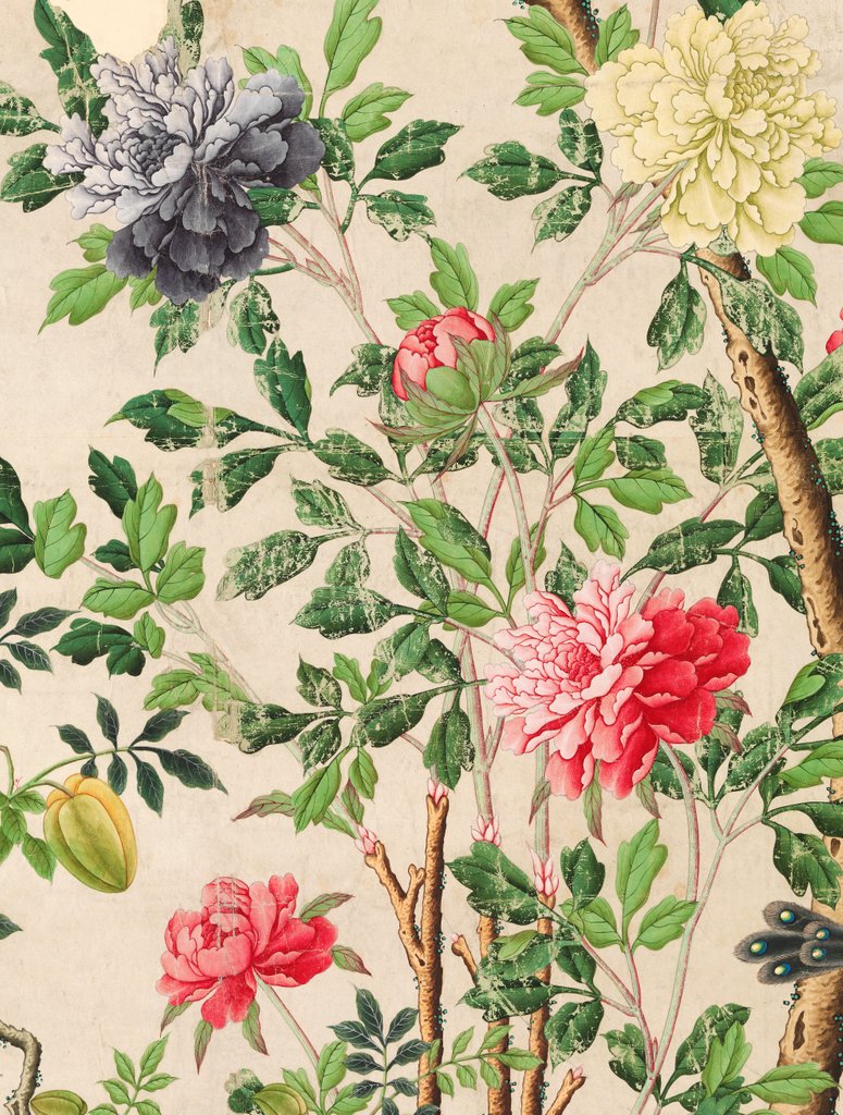 Detail of Wallpaper with large blooms of chrysanthemums and starfruits by unknown
