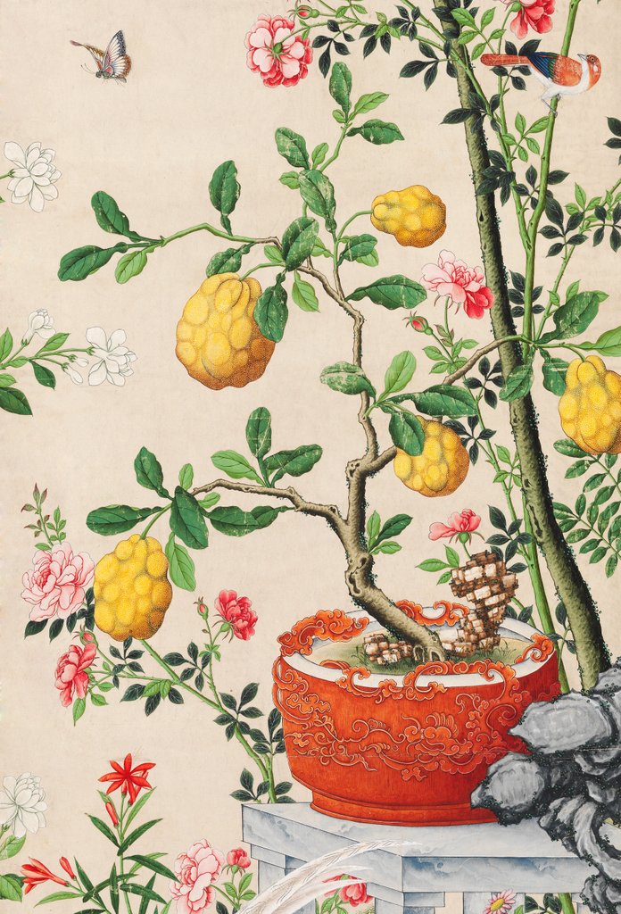 Detail of Wallpaper with yellow fruits in orange-coloured pot by unknown