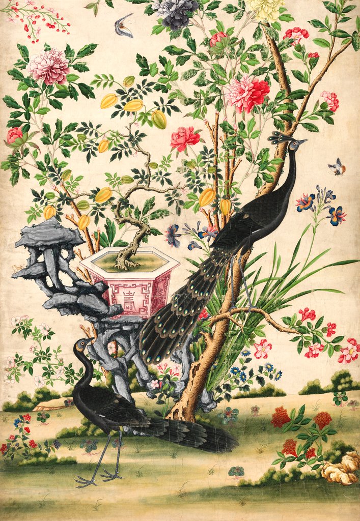 Detail of Wallpaper with pair of peacocks and a pot of starfruit by unknown