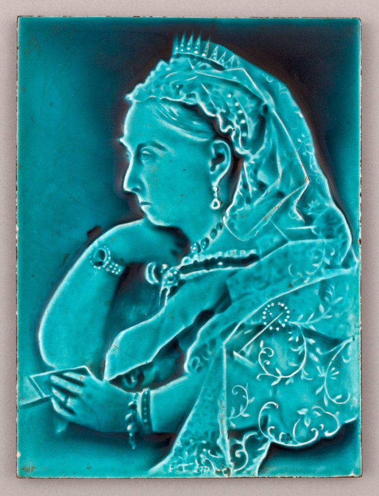 Detail of Blue glazed portrait tile of Queen Victoria. by Anonymous