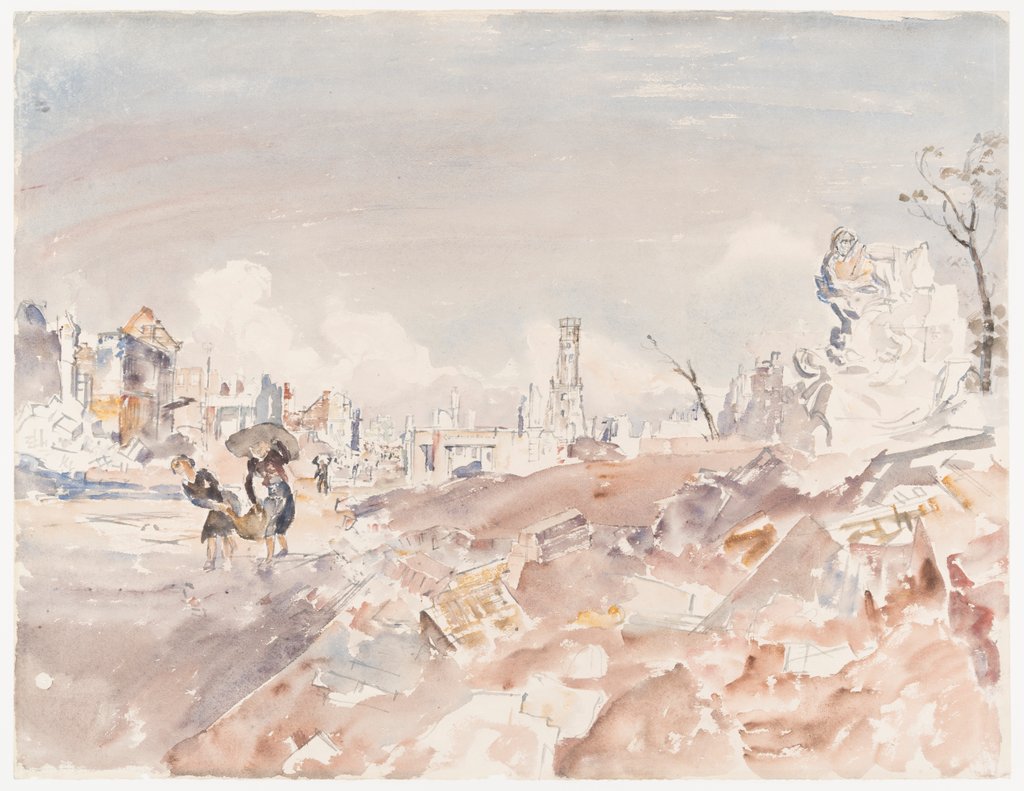Detail of Calais: Le Monument aux Morts, La Rue Royale, and La Tour de Guet by Thomas Hennell