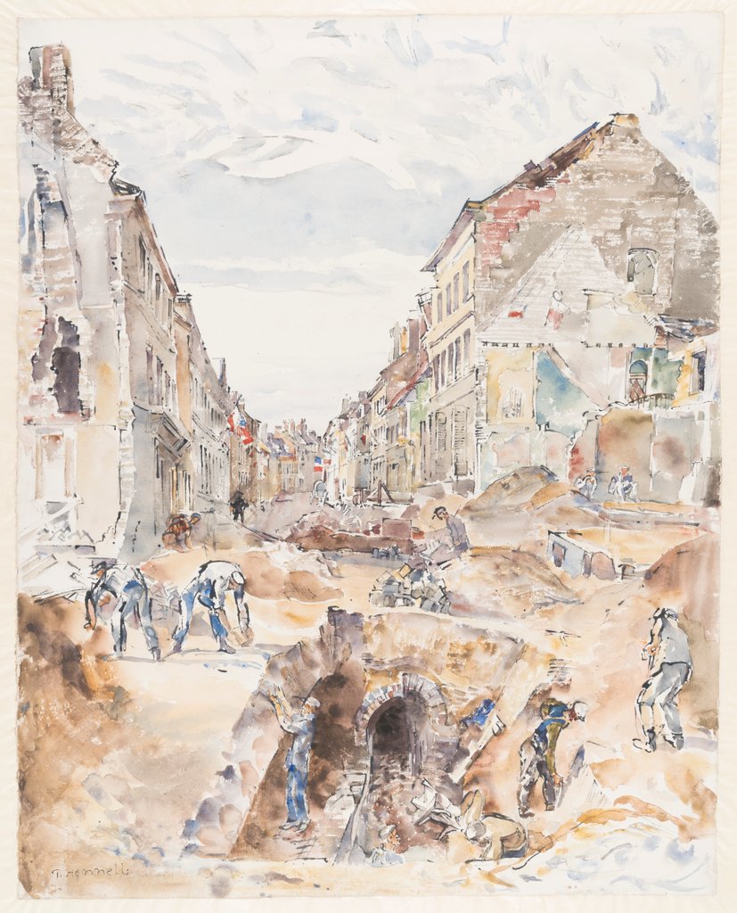 Detail of Rue d'Allent, St Omer: Celebrations and Sewer Mending by Thomas Hennell