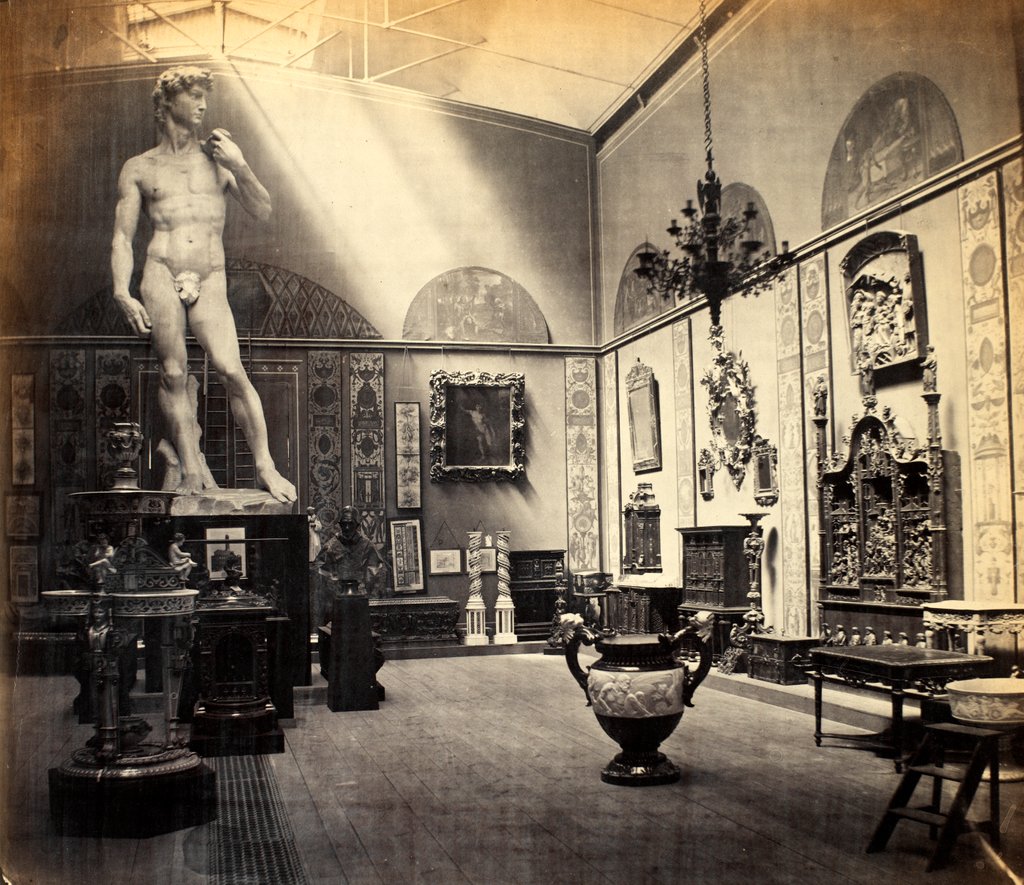 Detail of View of the interior of South Kensington Museum, Boilerhouse, featuring the Statue of David by Anonymous