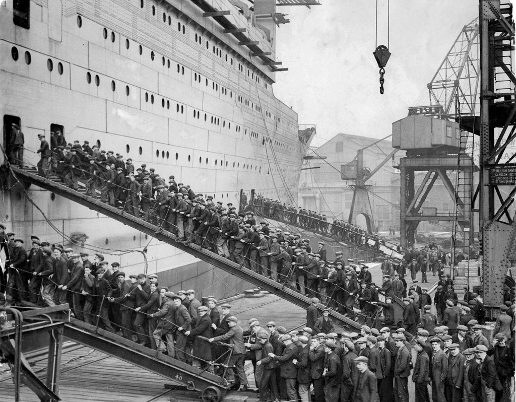 Detail of Workers board the Queen Mary by Associated Newspapers