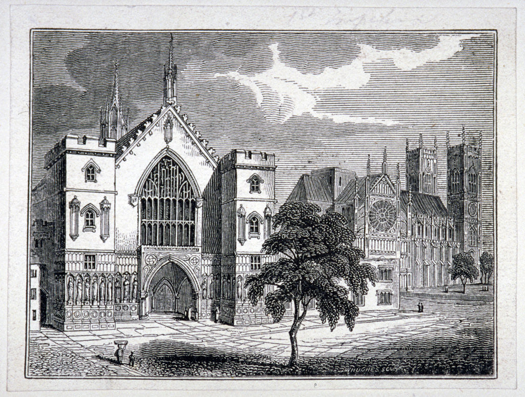 Detail of Westminster Hall from New Palace Yard with a view of Westminster Abbey, London by W Hughes