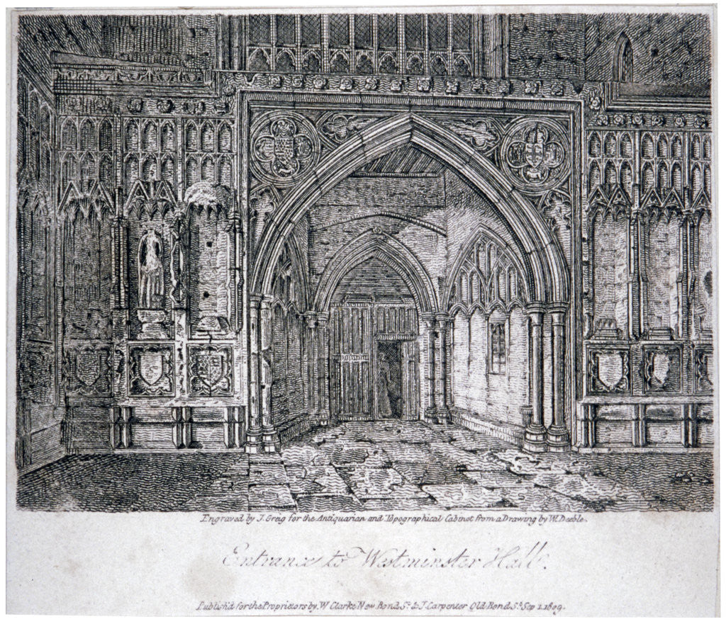 Detail of View of the entrance to Westminster Hall, London by John Greig